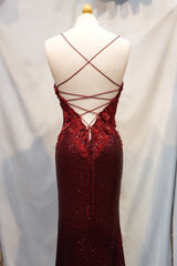Sequined Burgundy Sheath Prom Dress with Spaghetti Straps and Appliques