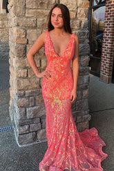 Elegant Orange Mermaid Prom Dress with Deep V Neck and Embroidery