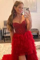 Red Beaded A-Line Tiered High Low Prom Homecoming Dress/Mini Dress