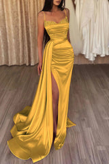 Long Dark Grey Prom Dress with Mermaid Spaghetti Straps and Front Split