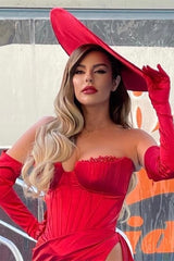 Luxury Red Strapless Slit Long Evening Dress With Chic Gloves