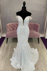 Long White Mermaid Prom Dress with Off-the-Shoulder Neckline and Open Back in Sequins