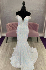 Long White Mermaid Prom Dress with Off-the-Shoulder Neckline and Open Back in Sequins