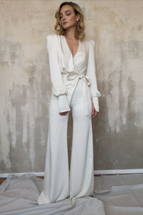 Charming Long Sleeves White V-Neck Long Jump Suit With Belt