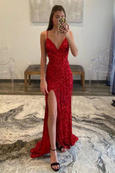 Prom Dress in Red with Sequins Glitter and a Slit