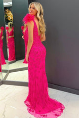 Hot Pink Long Prom Dress with Deep V Neck and Mermaid Feather Design