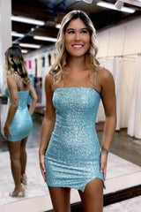 Sparkly Blue Sequins Tight Short Homecoming Dress/Mini Dress with Slit