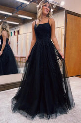 Long Black Prom Dress in A-Line Silhouette with Tulle and Lace