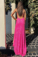 Long Hot Pink Sequined Prom Dress with Mermaid Halter Neck and Front Split