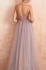 Long Pink Prom Dress with Spaghetti Straps and Slit