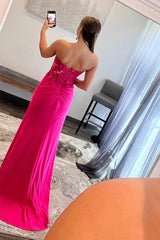 Long Prom Dress in Sparkly Hot Pink with Corset and Slit