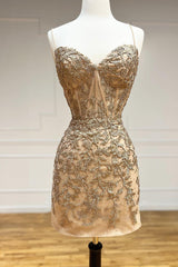 Champagne Spaghetti Straps Tight Short Homecoming Dress/Mini Dress with Appliques