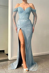 Beautiful Off-The-Shoulder Sweetheart Long Sleeves Mermaid Evening Dress With Beadings