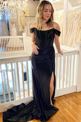 Long Off-the-Shoulder Black Prom Dress with Corset and Slit