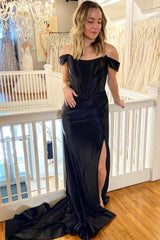 Long Off-the-Shoulder Black Prom Dress with Corset and Slit