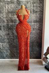 Red Halter Deep V-Neck Sequins Evening Dress Mermaid With Rhinestone Slit