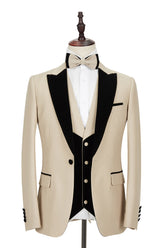 Classic Velvet Banding Edge Champagne Wedding Suit Black Peak Lapel Suit for Men