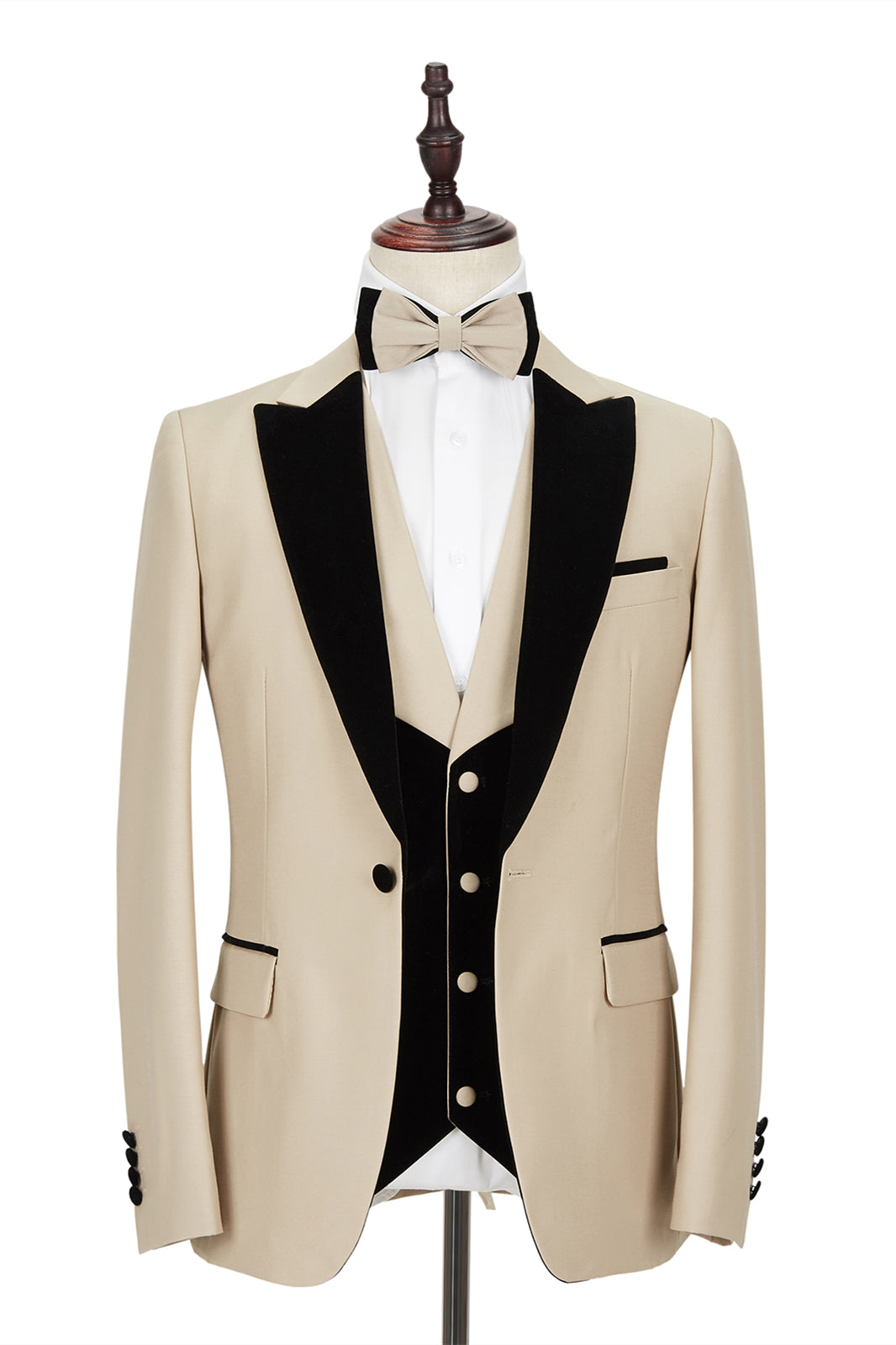 Fashion Champagne Velvet Marriage Suit for Men with Black Peak Lapel