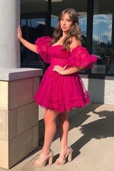 Fuchsia Corset Puff Sleeves A-Line Short Tulle Homecoming Dress/Mini Dress with Ruffles
