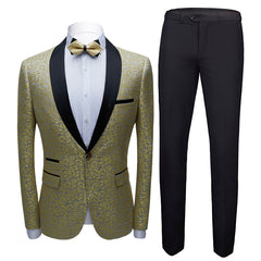 Glamorous Shawl Lapel with Gold Jacquard Black Reception Suit for Groom