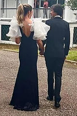 Black Long Prom Dress with V Neck and Front Split in Mermaid Style