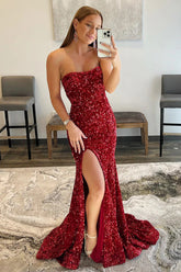 Long Red Prom Dress with Mermaid Sequins and Slit