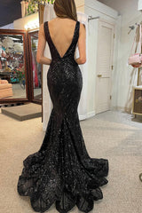 Black Sequined Long Prom Dress with Deep V Neck and Open Back in Mermaid Style