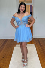 Grey Blue Corset A-Line Chiffon Short Homecoming Dress/Mini Dress with Lace
