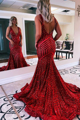 Orange Sequins Long Prom Dress with Deep V Neck and Open Back in Mermaid Style