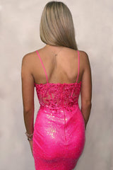 Sparkly Hot Pink Sequin Tight Short Homecoming Dress/Mini Dress with Lace