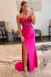 Long Prom Dress in Sparkly Hot Pink with Corset and Slit