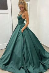 Dark Green Prom Dress with Spaghetti Straps and a Sweep Train in A-Line Silhouette