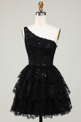 Sparkly Black Tiered Lace One Shoulder Short Homecoming Dress/Mini Dress