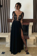 Black Long Sleeves Evening Dress With Split