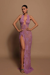 Halter Sleeveless Long Mermaid Formal Dress With Lace Appliques