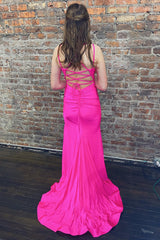 Hot Pink Long Mermaid Prom Dress with Spaghetti Straps and Slit