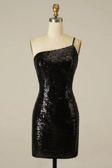 Glitter One Shoulder Tight Black Homecoming Dress/Mini Dress