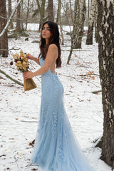 Blue Backless Long Prom Dress with Mermaid Spaghetti Straps