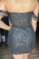 Sparkly Black Beaded Corset Sequins Fringed Tight Homecoming Dress/Mini Dress