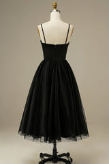 Simple Black Tulle Midi Dress in A-line Style