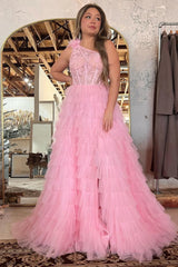 Pink One-Shoulder A-Line Corset Prom Dress with Tiered Ruffles