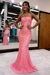 Sequined Mermaid Prom Dress with Blush Spaghetti Straps