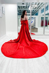 Prom Dress in Red Satin Featuring Spaghetti Straps and a Bow