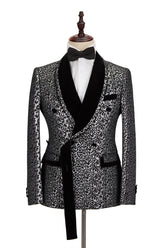 Newest Silver Leopard Double-Breasted Black Stitching Prom Outfits Men with Jacquard Shawl Lapel