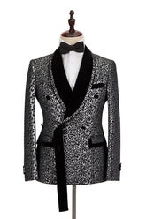 Black Stitching Silver Leopard Jacquard Men's Suit Shawl Lapel Double-Breasted Wedding Suit for Formal with Shirt