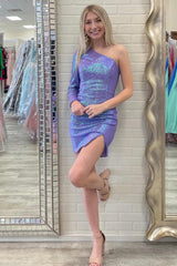 Purple Sequins One Shoulder Short Homecoming Dress/Mini Dress with Slit