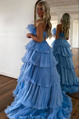 Stylish Strapless Blue A-Line Prom Dress with Beading
