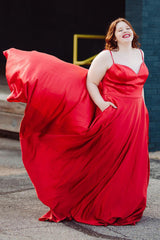Plus Size Red A-Line Prom Dress Featuring Spaghetti Straps and a Slit