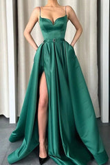 Long Green Prom Dress with Spaghetti Straps and a Front Split