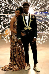 Fashion Knitted Button Bespoke Party Prom Man's Suits in Black with Gold Lapel